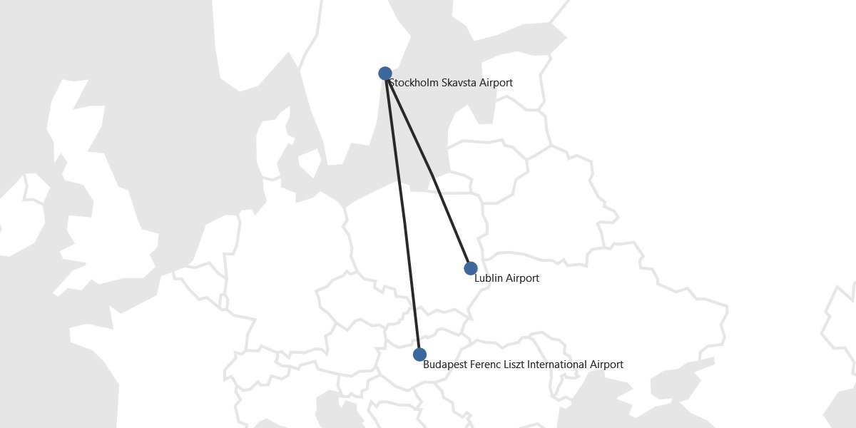 mapka ilustrująca przebieg podróży do Budapesztu z Lublina : Lublin – Skavsta – Budapeszt