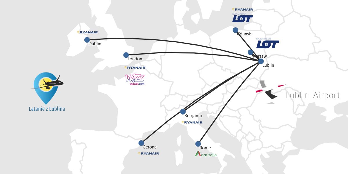 mapa połączeń z Portu Lotniczego Lublin LUZ